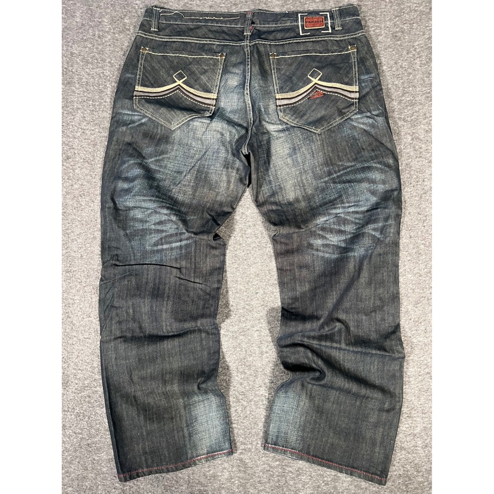 Parish Nation Mens Relaxed Fit Jeans Dark Wash Embroidered Pockets Size 42 x 33